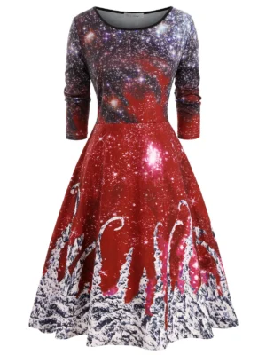 Galaxy Printed Christmas Long Sleeve Plus Size Dress
