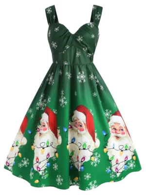Plus Size Christmas Santa Claus Snowflake A Line Retro Dress