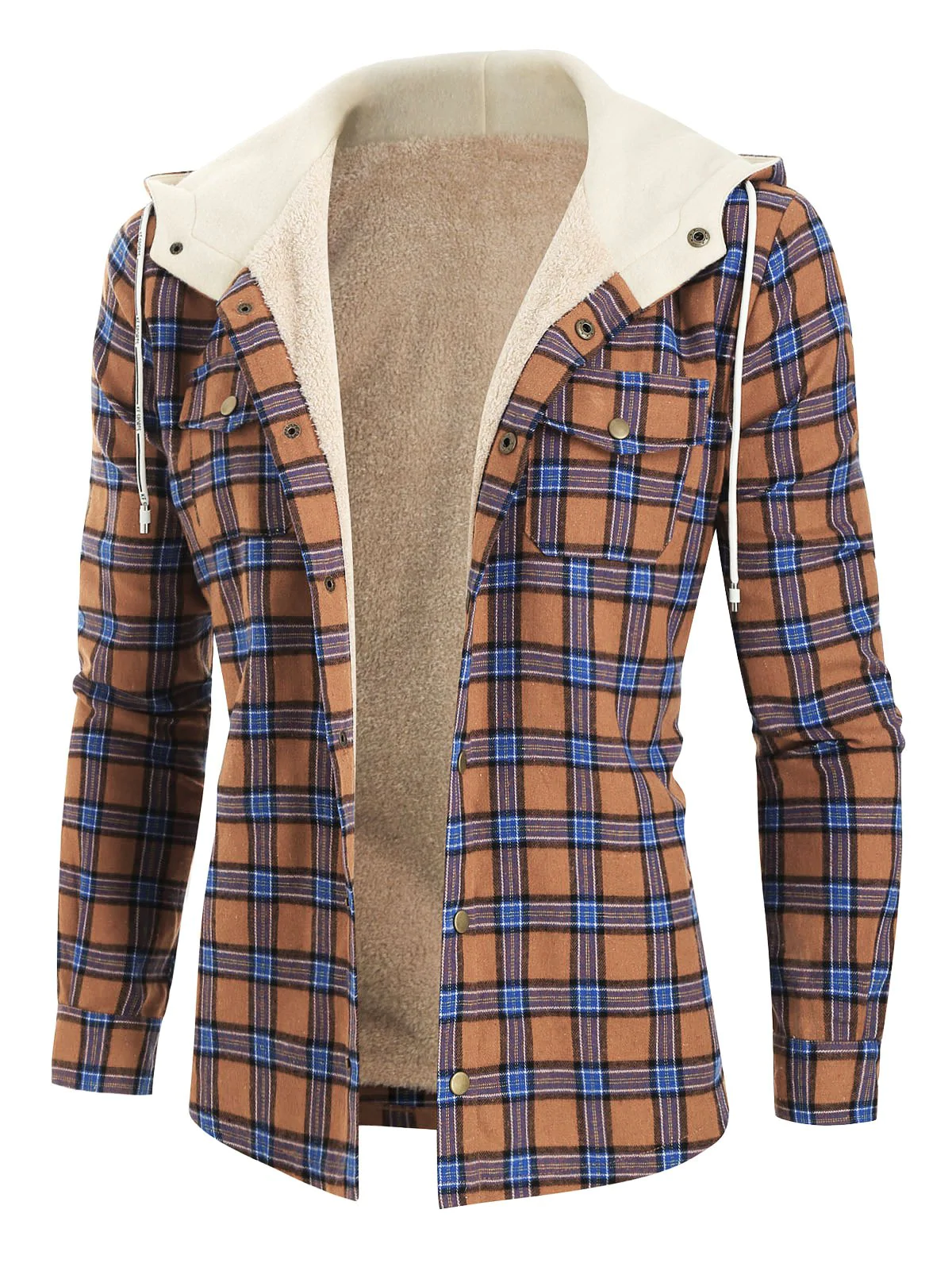 Plaid Chest Pocket Fleece Hooded Jacket