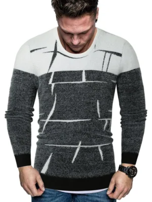 Two Tone Abstract Line Print Fuzzy Sweater