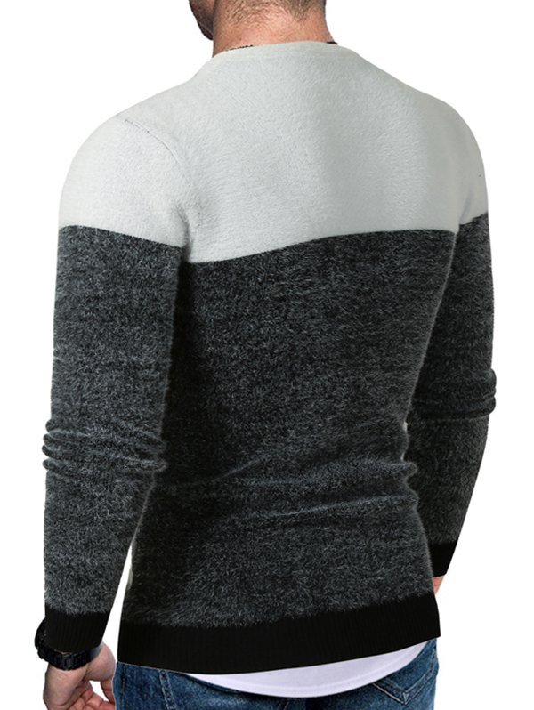 Two Tone Abstract Line Print Fuzzy Sweater