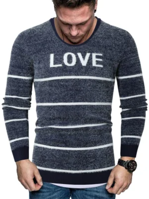 Letter Striped Long Sleeve Fuzzy Sweater