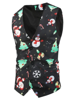 Christmas Tree Snowman Pattern Button Waistcoat