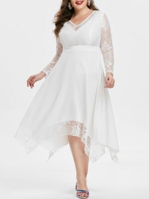 Plus Size Lace Insert Flounce Prom Dress