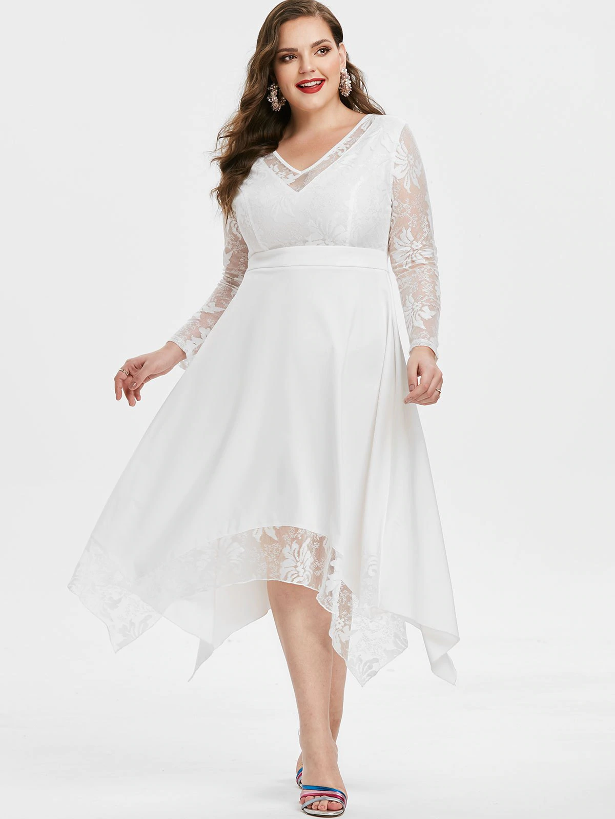 Plus Size Lace Insert Flounce Prom Dress