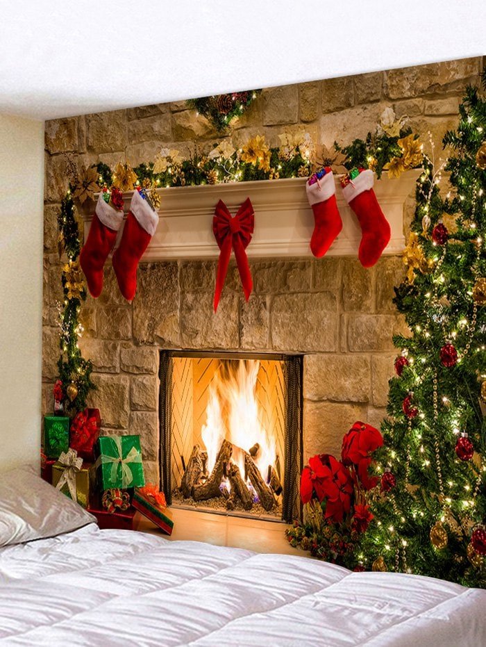 Christmas Tree Gifts Fireplace Print Tapestry Wall Hanging Art D