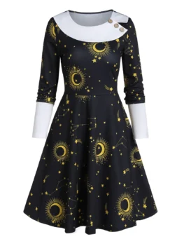 Moon Star Print Button Long Sleeve Mini Dress