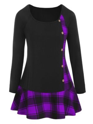 Plus Size Plaid 3D Galaxy Santa Claus Print Flounced T-shirt