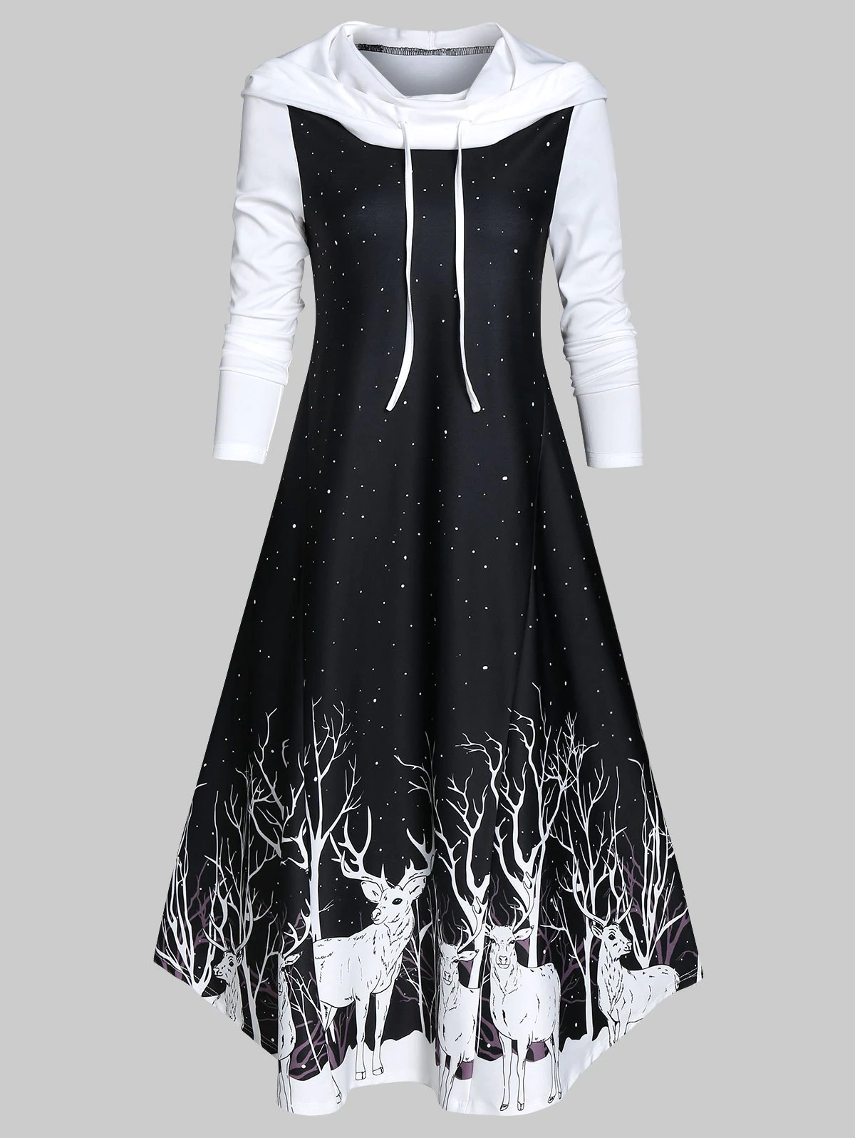 Hooded Deer Print A Line Long Sleeve Dress