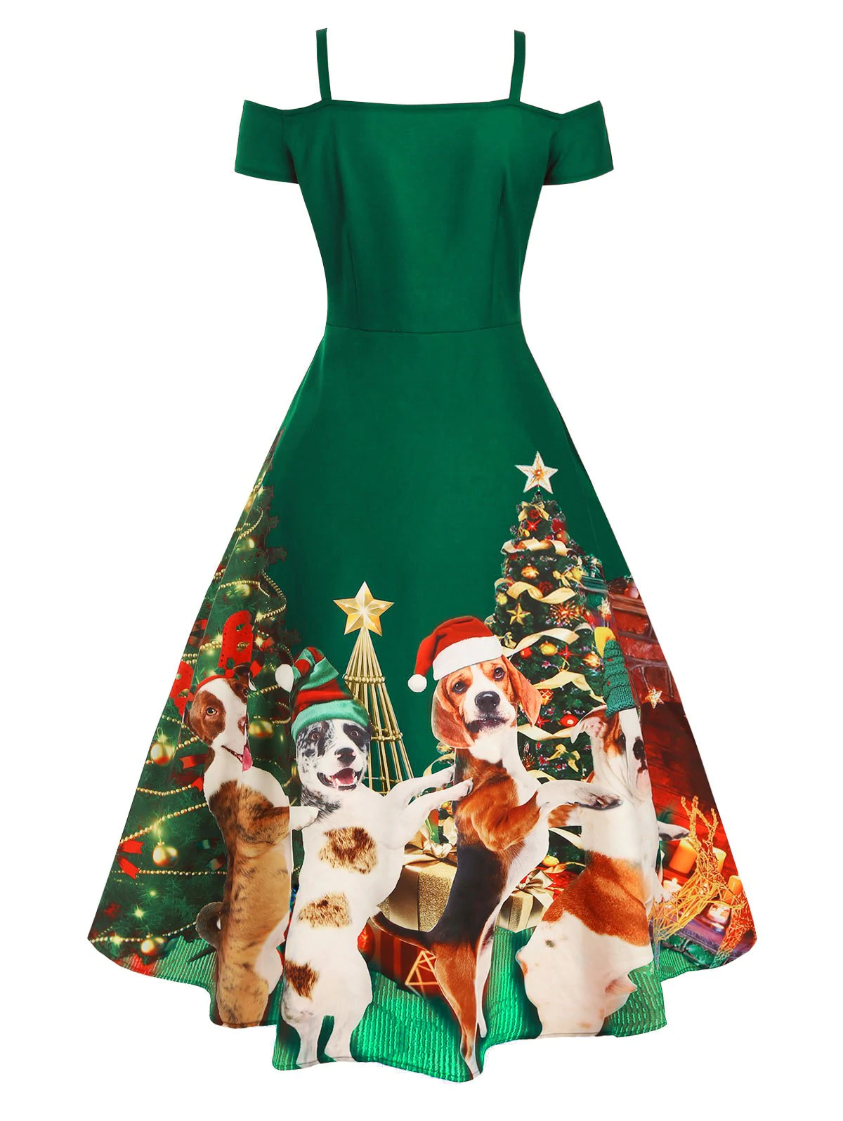 Christmas Tree Dog Print Sequined Cold Shoulder Party Dress