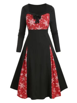Plus Size Christmas Snowflake Bowknot Tea Length Dress