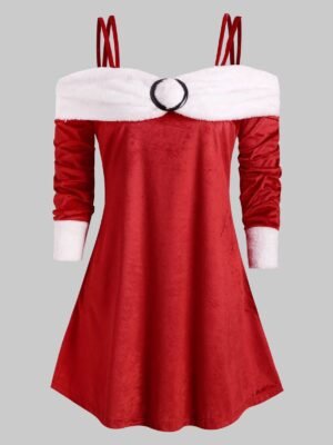Plus Size Cold Shoulder Faux Fur Velvet Christmas T Shirt