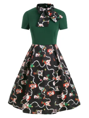 Christmas Funny Dog Print Bow Tie Vintage Dress