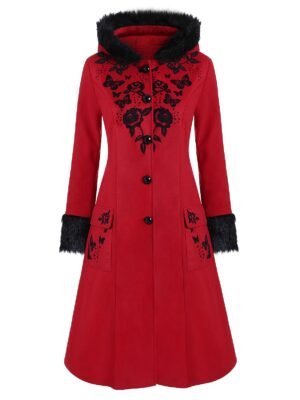 Plus Size Faux Fur Hooded Floral Butterfly Print Coat