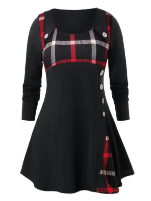 Plus Size Grid Pattern Button Longline High Waist Shirt