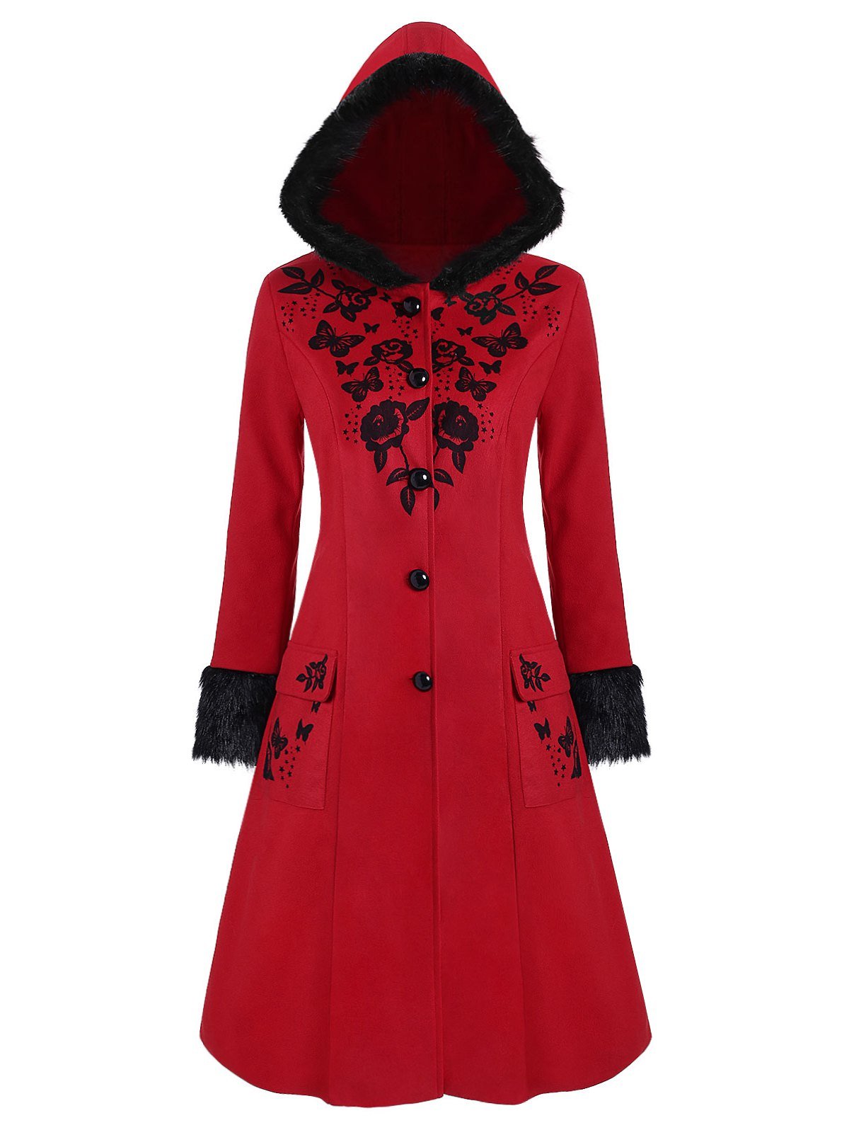 Plus Size Faux Fur Hooded Floral Butterfly Print Coat