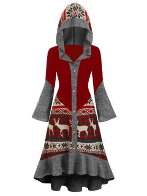Christmas Elk Hooded High Low Flounce Hem Knitted Dress