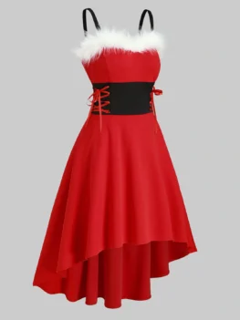 Christmas Faux Fur Insert Lace Up High Low Dress