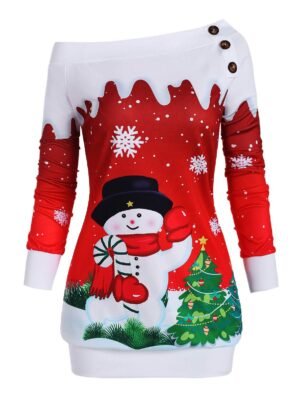 Christmas Tree Snowman One Shoulder Plus Size Sweatshirt