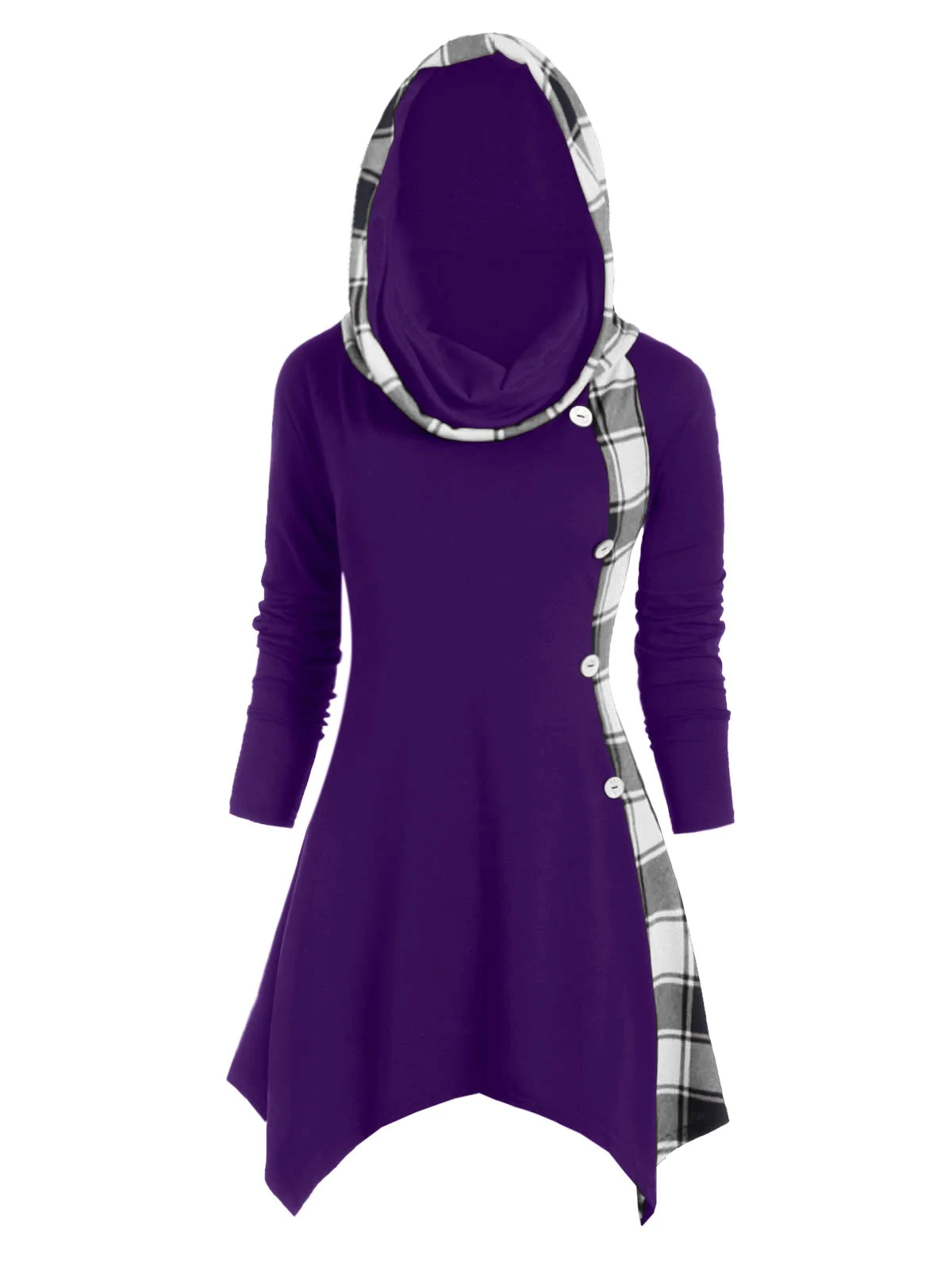 Plaid Convertible Neck Mock Button Handkerchief T-shirt