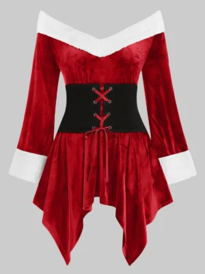 Christmas Off The Shoulder Faux Fur Trim Lace-up Velvet Plus Siz