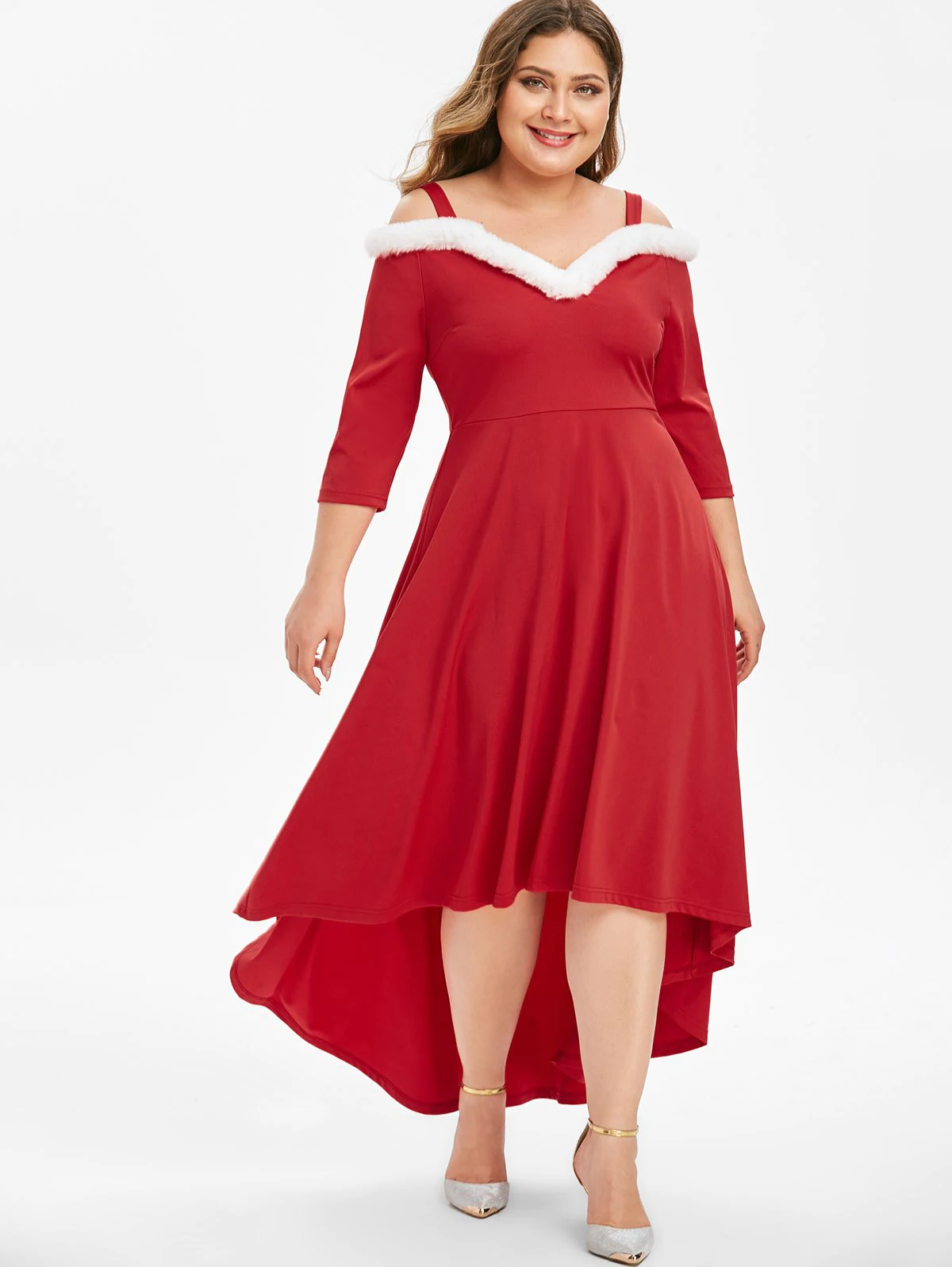 Christmas Faux Fur Panel Open Shoulder High Low Plus Size Dress