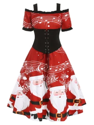 Christmas Santa Claus Musical Note Cold Shoulder Lace Up Dress