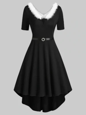 V-wired Faux Fur Trim Knit High Low Dress