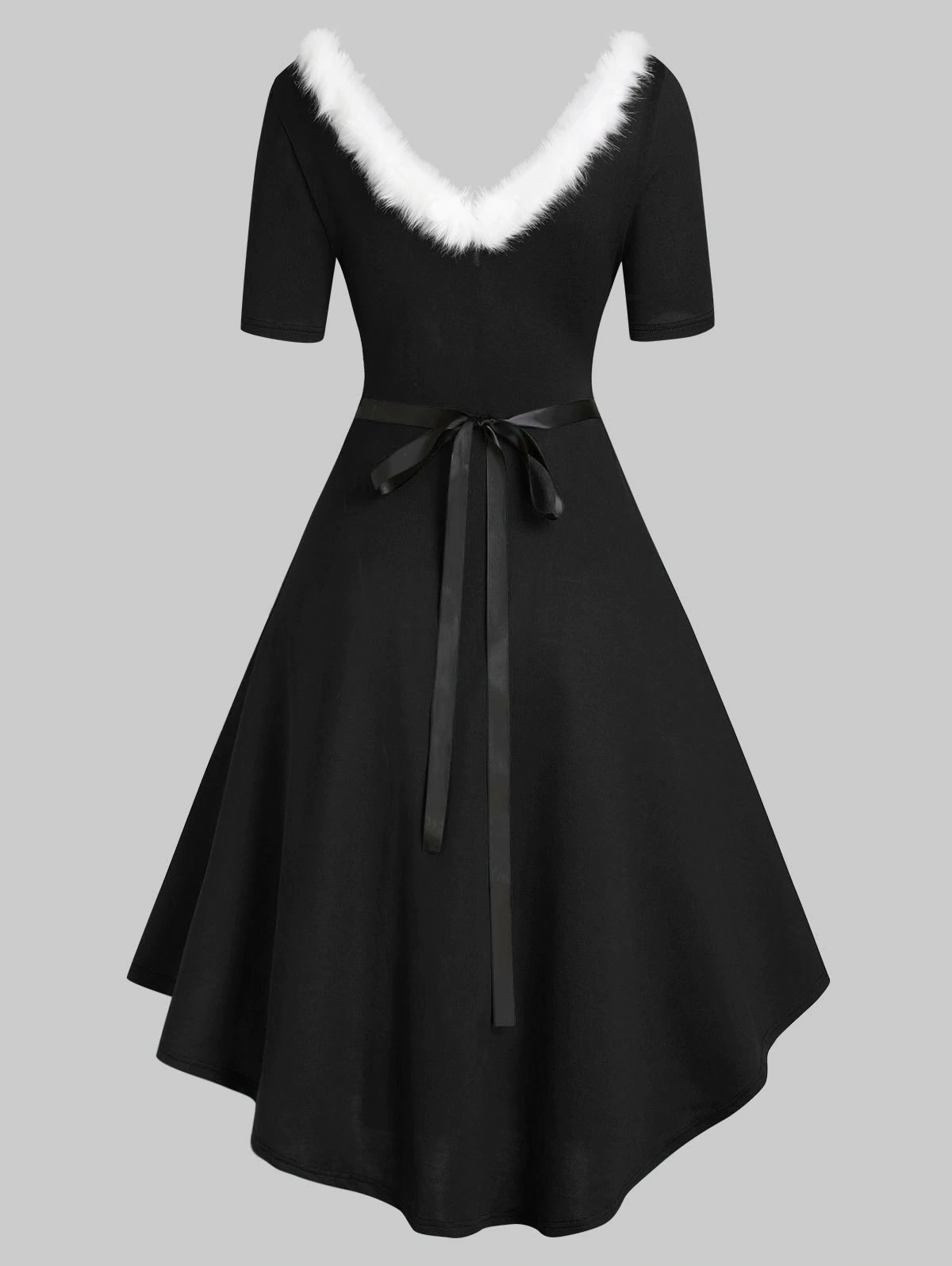 V-wired Faux Fur Trim Knit High Low Dress