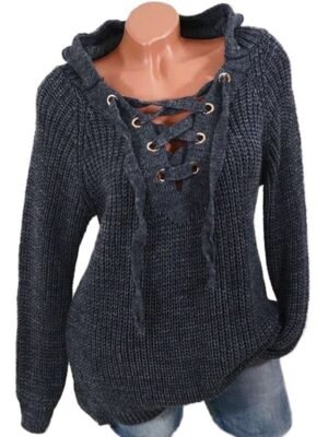 Lace Up Solid Hooded Sweater