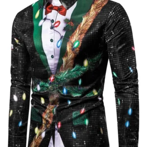 Christmas Faux Sequins Button Up Tuxedo Shirt