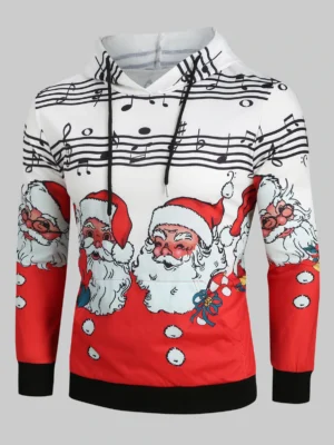 Christmas Santa Claus and Music Notes Print Kangaroo Pocket Hood