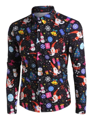 Christmas Santa Claus and Snowman Print Button Up Shirt