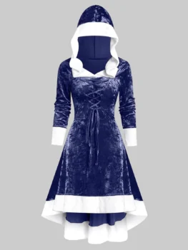 Hooded Faux Fur Trim Lace-up High Low Flannel Dress