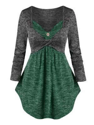 Twist Front Contrast Heathered 2 in 1 Knitwear