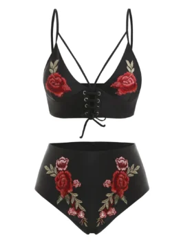 Floral Embroidered Harness Lace Up Plus Size Bikini Swimsuit