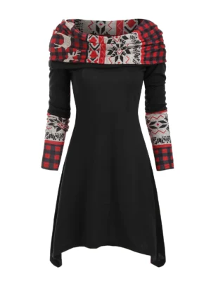 Christmas Elk Plaid Knitted Multiway Asymmetrical Dress