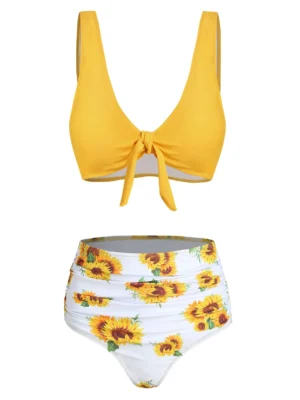 Sunflower Knot Ruched Bikini Swimsuit