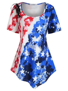 Plus Size Lace Up American Flag Print T Shirt