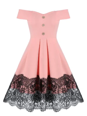 Off the Shoulder Mock Button Lace Insert Flare Dress