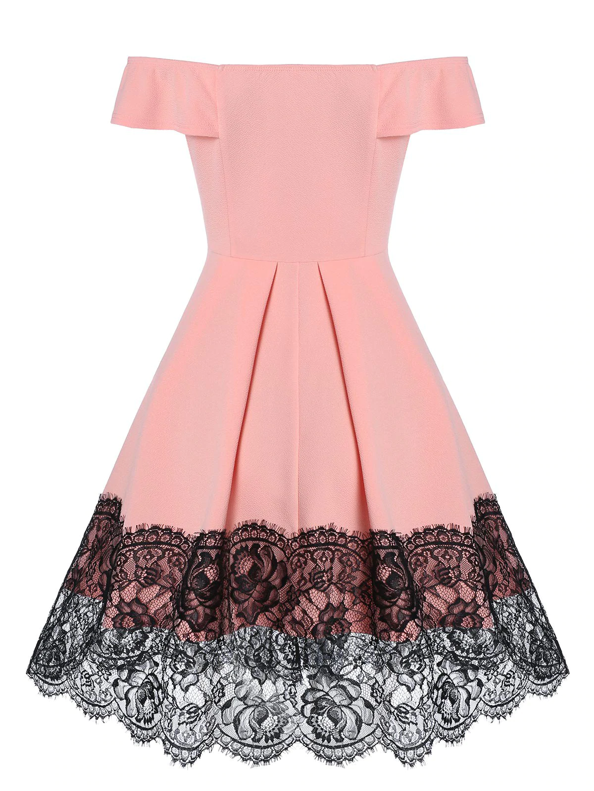 Off the Shoulder Mock Button Lace Insert Flare Dress