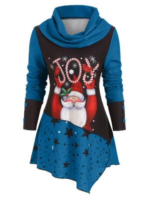 Cowl Neck Santa Claus Asymmetric Christmas Top