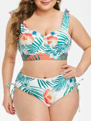 Floral Leaf Cinched Underwire Plus Size High Waisted Bikini Swim