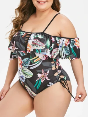 Plus Size Low Cut Floral Plaid Swimsuit