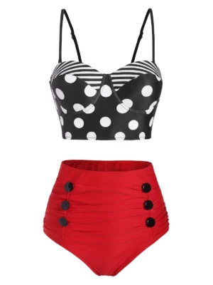 Polka Dot Striped Button Embellished Moulded Tankini Swimwear