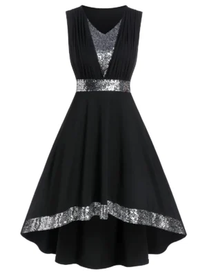 Sequin Panel Sleeveless High Low Prom Dress