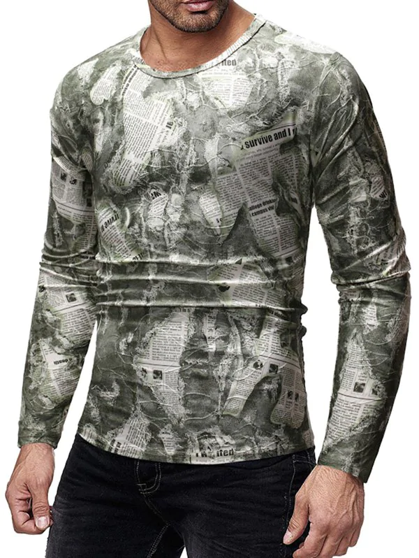 Vintage Newspaper Print Long-sleeved T-shirt
