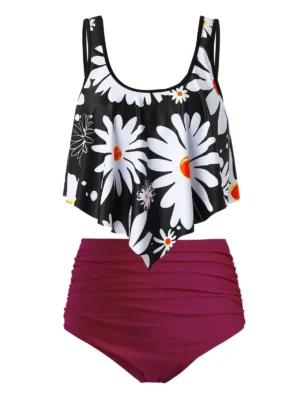 Plus Size Flower Print Flounce Dual Strap Tankini Swimsuit