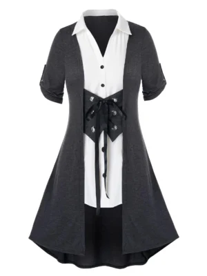 Plus Size Button Lace Up Splicing Blouse