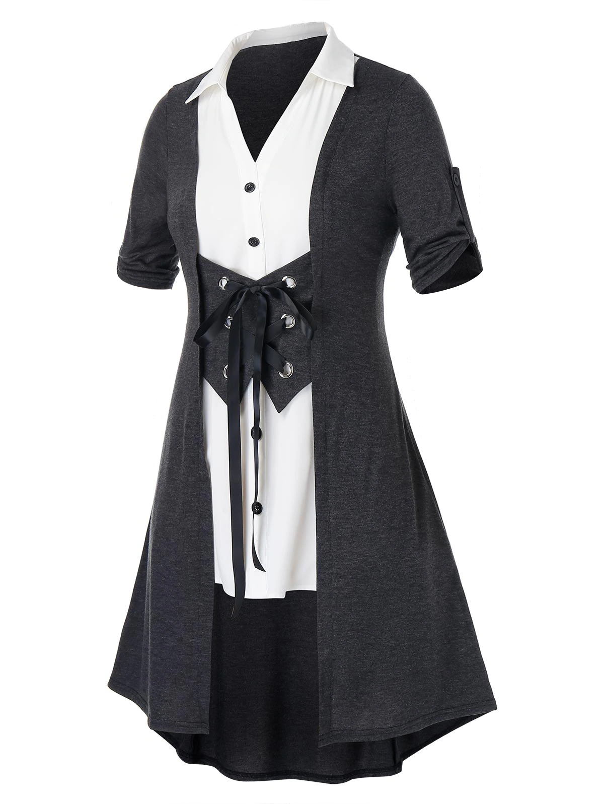 Plus Size Button Lace Up Splicing Blouse